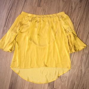 Gold shiny bell sleeve off shoulder blouse perfect for holiday parties